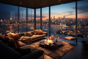 A luxurious penthouse interior with a city skyline view - obrazy, fototapety, plakaty