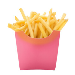french fries in pink paper bag isolated