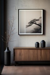 Black framed picture and vase near a wooden chest in a interior living