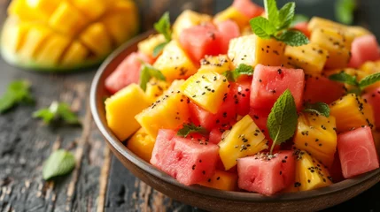 Plexiglas foto achterwand A tropical fruit salad featuring juicy watermelon, pineapple, and mango with a hint of mint © olegganko