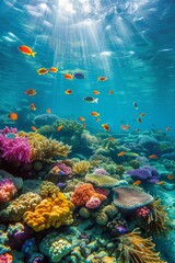 Crystal-clear waters reveal vibrant marine life in their underwater habitat - obrazy, fototapety, plakaty