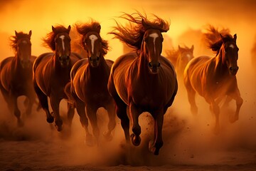 Stunning image of a majestic herd of horses galloping freely across a breathtaking and vibrant field