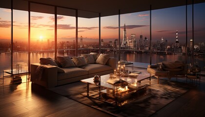 A luxurious penthouse interior with a city skyline view - obrazy, fototapety, plakaty