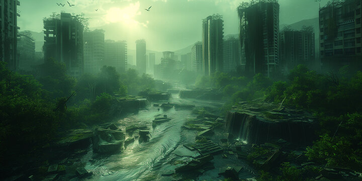Evolution einer verlassenen Stadt mit Hochh&auml;user mit Pflanzen und B&auml;ume zu gewachsen im gr&uuml;nen Farben