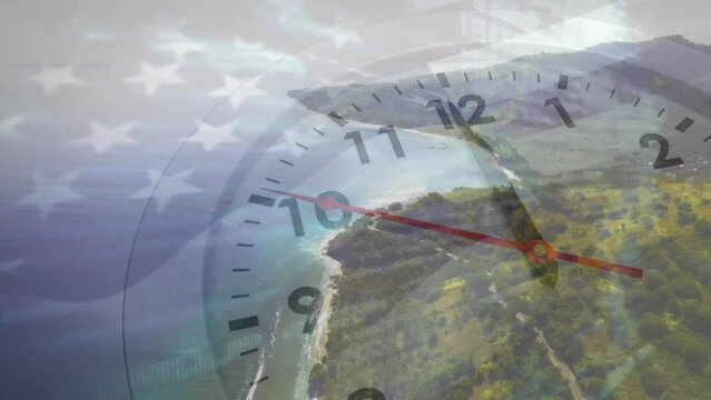 Animation of fast moving hands on clock over american flag and landscape