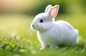 Beautiful small and cute rabbit with a heart on a blurred background in the park, green grass. Love. Valentine's Day.