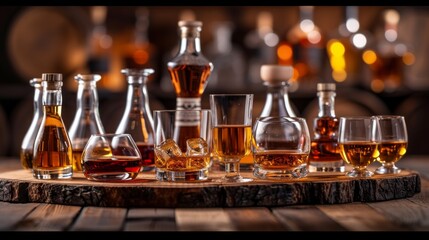 A sophisticated whiskey tasting setup with a variety of aged spirits and crystal glasses