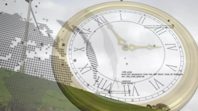 Animation of fast moving hands on clock over globe and wind turbine