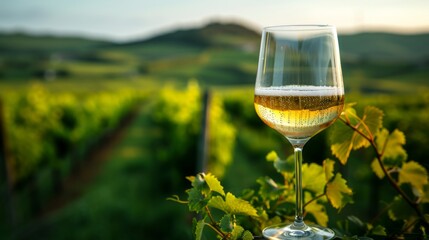 A wine glass held against a backdrop of lush vineyards and rolling hills