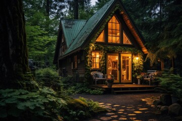 Cozy cabin house illuminated at twilight surrounded by forest. Tranquil living environment.