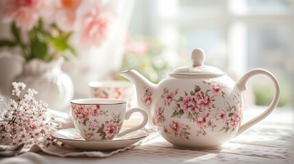 Obraz na płótnie Canvas An elegant tea set featuring delicate porcelain cups, saucers, and a floral teapot