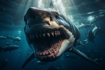 Ancient megalodon shark lurking in depths of ocean surrounded by school of smaller fish