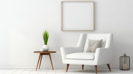 White living room interior with seat and commode with canvas mockup decoration. One copy space canvas frame