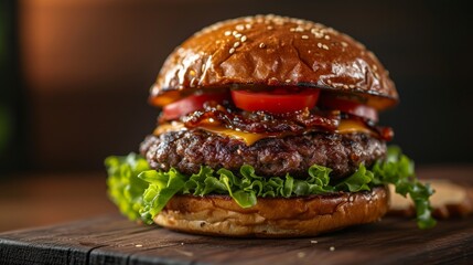 A towering gourmet burger with a juicy patty, lettuce, tomatoes, and a perfectly toasted brioche bun