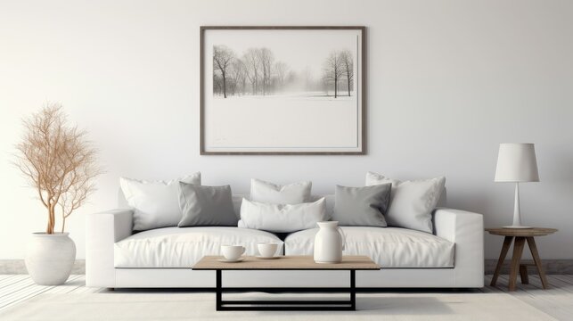 White living room with couch, table and mockup pictures. 3D render