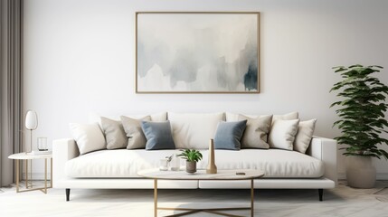 Fototapeta na wymiar White living room with couch, table and mockup pictures. 3D render