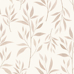 Seamless pattern, beige watercolor twigs with leaves on a light background, hand-drawn. Background with a botanical autumn pattern in pastel shades. Template for fabric, wrapping paper, wallpaper