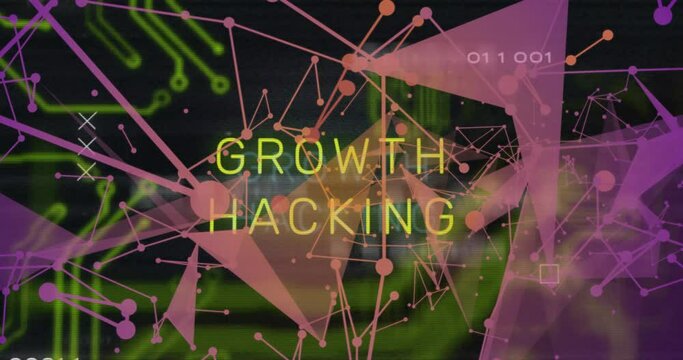 Animation of growth hacking text over communication network and motherboard on black