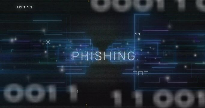 Animation of phishing text over motherboard, interface screens and processing data on black
