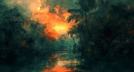 a painting of a river surrounded by trees