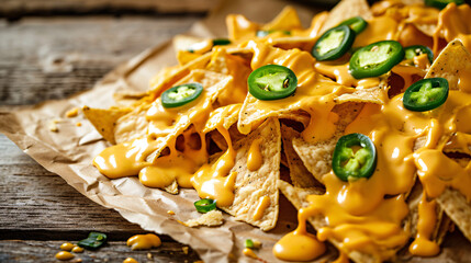 a delectable display of nachos generously coated in zesty jalapeno cheese
