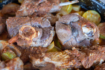 Meat vegetables tray  cooked in oven on wooden background  with mock up space