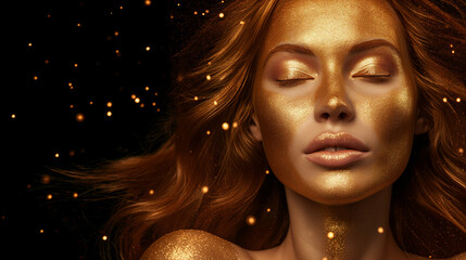 Portrait of a woman with Golden Makeup. Elegant and Luxurious