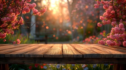 a wooden table with blurry background - obrazy, fototapety, plakaty