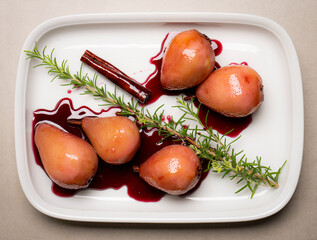 Poached peers in red wine dessert