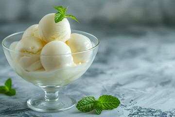fresh balls of ice cream in a glass bowl. isolated background, copy space. minimalistic. tasty sweet icecream