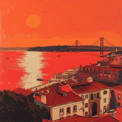 Papier Peint photo Rouge Large point de vue de Lisbonne avec vue sur le Tage, coucher de soleil, couleurs tons rouges, illustration, Pont Vasco da Gama