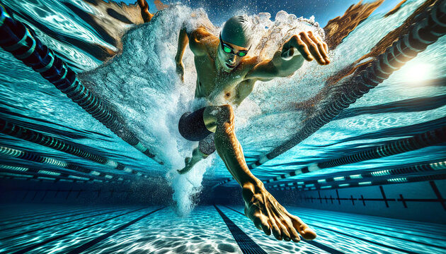 An intense image of a swimmer in mid-stroke powering through the water with a dynamic splash, showcasing speed and strength in a competitive swimming pool.Sport concept. AI generated.