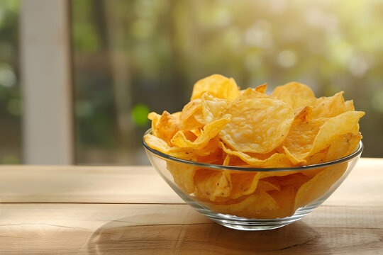 potato chips in a bowl on the table. minimalistic. copy space. glass bowl with cheeps, plain background. food ad, magazine.