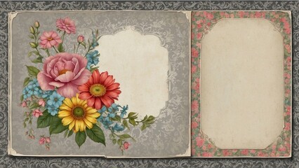 retro background with frame and flowers, soft gray color, aged paper with copy space
