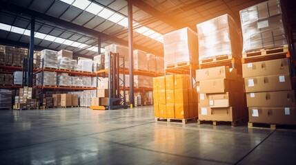 Retail warehouse full of shelves with goods in cartons, with pallets and forklifts. Logistics and transportation blurred background. Product distribution center 