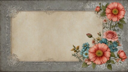 vintage background with frame, rustic flowers on aged paper
