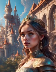 Regal Portrait of a Young Queen in Front of Her Enchanted Castle at Sunset