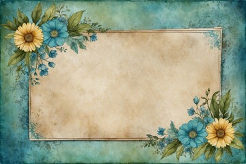 green watercolor framework with flowers on aged paper, copy space, card crafting, ideal for invitation and greeting