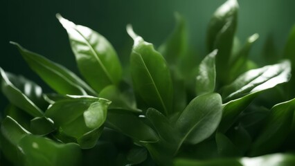A bunch of green tea leaves on a dark background.
