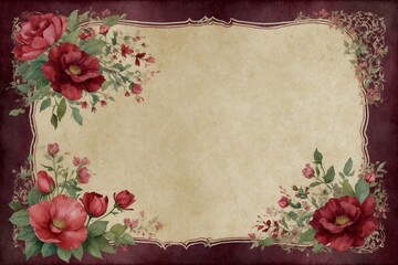 vintage watercolour frame with red wildflowers on aged paper with space for text, ideas for invitation cards and greetings