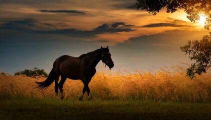 A horse in nature beautiful scenary, sunset, evening time, dark 