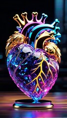 A detailed glass heart sculpture is illuminated with neon lights, showcasing a dynamic play of colors and reflections against a dark backdrop.
