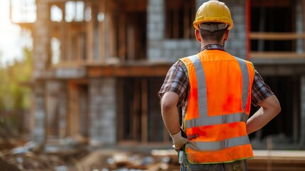 The supervisor of a masonry project observes the building, with his back turned.