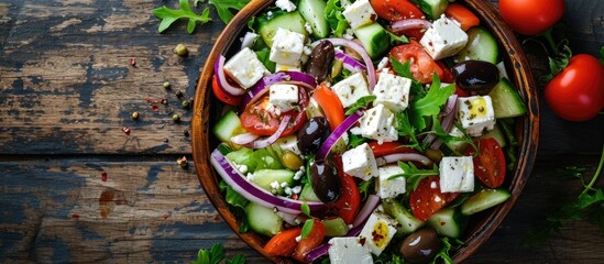 Greek salad with fresh vegetables, feta cheese, and olives. Top view. Rustic style. Selective focus.