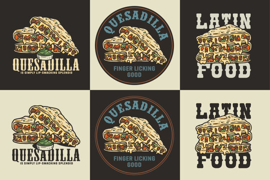 Mexican quesadilla set vector with cheese and vegetable for logo or emblem. Latin traditional mexican fast food. Quesadillas Mexico food with tortilla and meat for poster or print