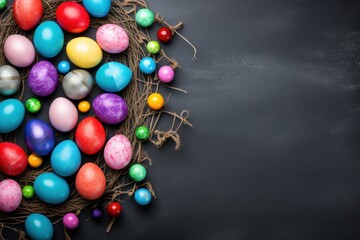Charcoal background with colorful easter eggs round frame texture