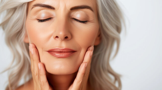 Portrait of a gorgeous mature woman touching her perfect skin. A beautiful portrait of an elderly woman advertising anti-aging facelift products, salon skin care