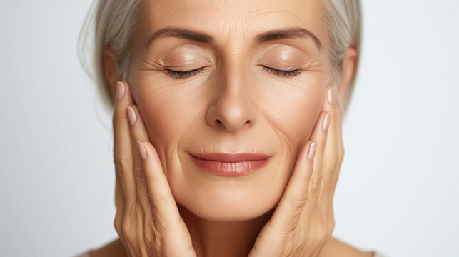 Portrait of a gorgeous mature woman touching her perfect skin. A beautiful portrait of an elderly woman advertising anti-aging facelift products, salon skin care