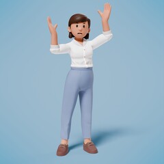 3d woman standing raised and opened her hands while asking something