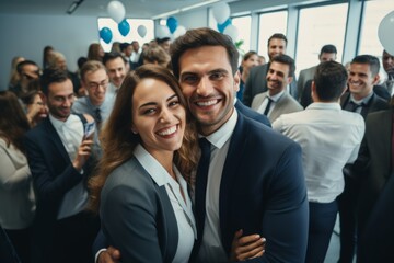 Couple smiling at a business event with colleagues
